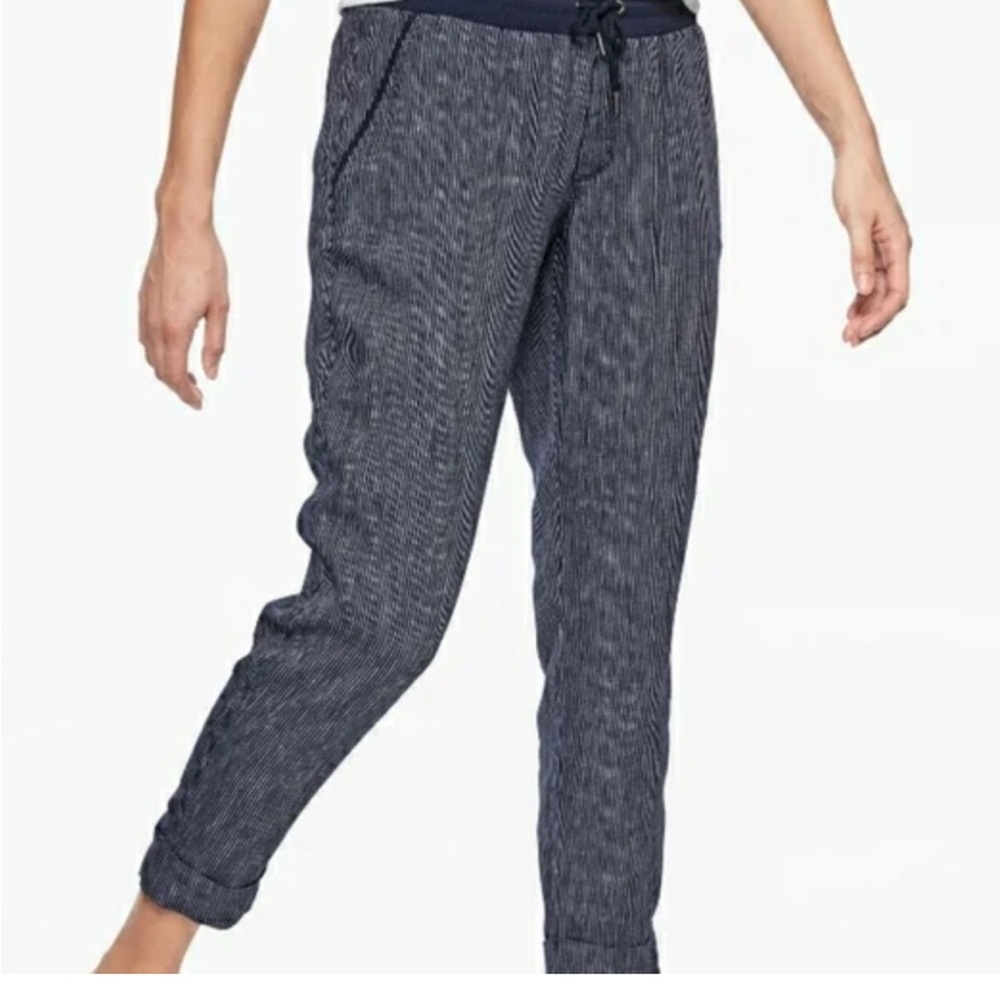 ATHLETA Stripe Bali Linen Ankle Pant Navy Blue Size 16